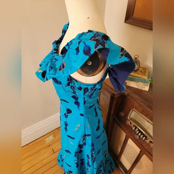 Vintage Blue Hawaiian Mid Century Seahorse Print Maxi Dress Ruffle Medium - Picture 7 of 11